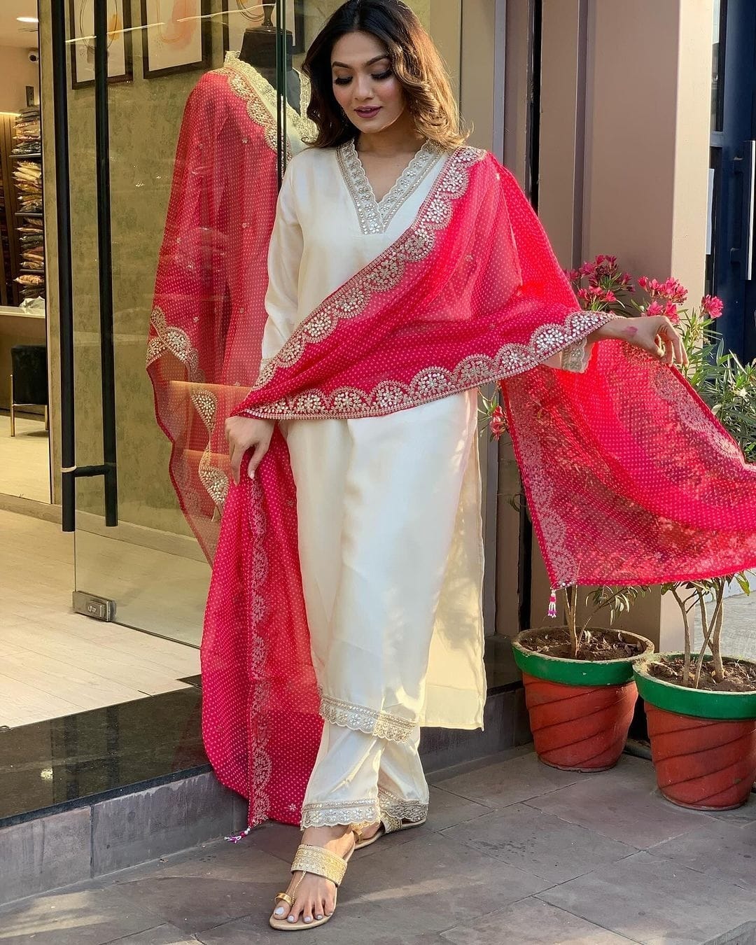 Shehnaaz Gill Wear White Embroidery Work Straight Dress